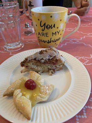 Our second course for breakfast: cinnamon coffee cake and a lemon-filled pastry.