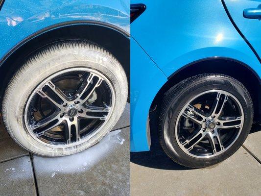 Mid cleaning process of wheels and tires and the after shot all dressed and ready to hit the road