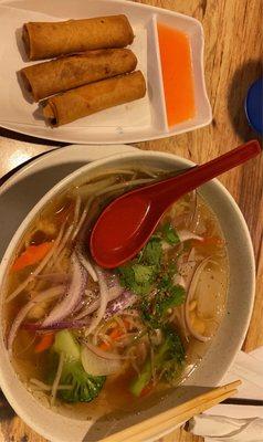 Vietnamese Noodle Soup and vegetable spring rolls rolled in house.