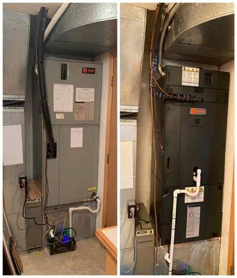 Before and after of new heat pump system indoor equipment.