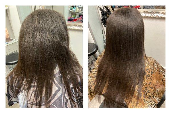 Retouch of new hair growth after 1 yr. Permanent hair straightening on curly, kinky and frizzy hair.