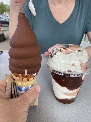 Twist dipped soft serve and hot fudge sundae with pecans.  Yes Pecans!   Awesome. Worth the drive