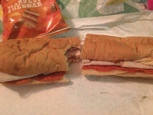 Turkey and pepperoni, provolone and lite mayo on Italian. Phenomenal.