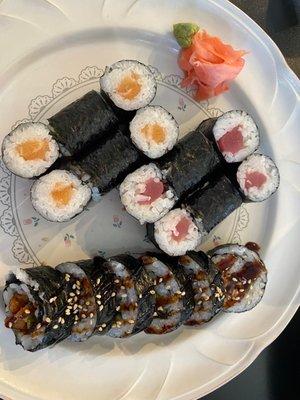 Salmon, Tuna, and eel rolls