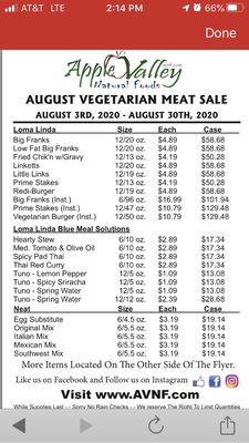 The August Vegetarian "meat" sale ad. Lots of great prices on tons of items.