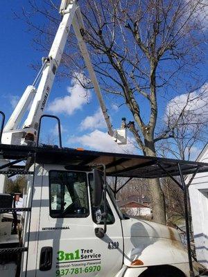 Getting ready for spring storms. Trimming back a large maple tree over a garage.