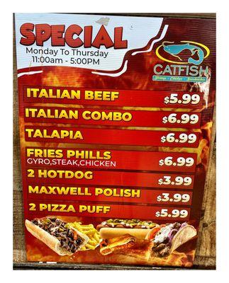 Specials.Catfish.Philly Sandwiches Crispy Philly Italian Beef Chicken  Wings Gyros Fish Salads Nachos Hotdogs Burgers etc. Cool!