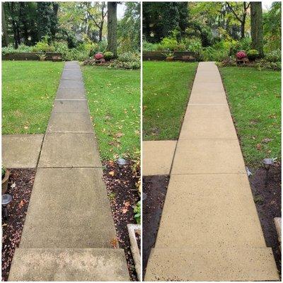 Before and after pressure washing walkway