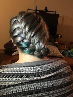 A Gray/Silver colour with accents of blue and purple by Christine