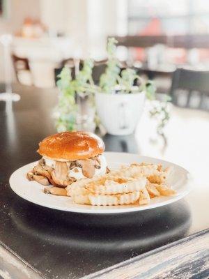 Mushrooms Swiss burger and fries