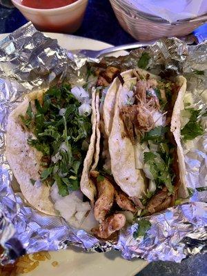 Steak taco, chicken taco, carnitas taco (street tacos with cilantro and onion)