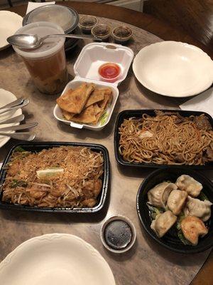 Delicious takeout! Scallion pancake, pad thai, lo mein, fried dumplings and wonton soup