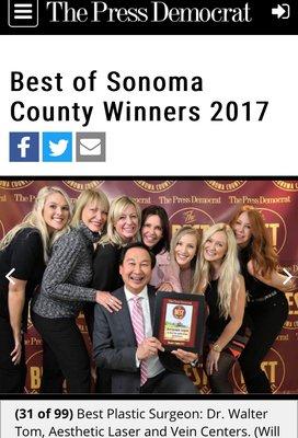 Thank you to our patients for helping us to win two years Ina row!  Thank you Sonoma County!