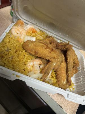 3 wings with shrimp fried rice