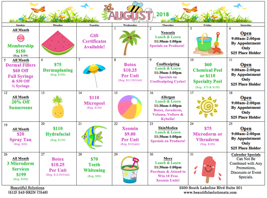 August 2018 Calendar: Promotions and Events