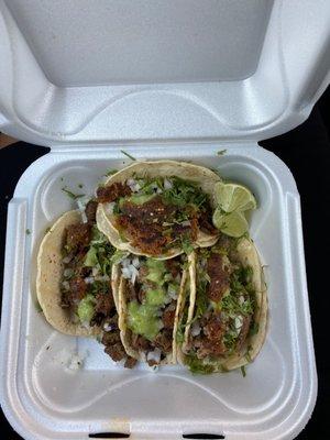 Carne asada, chicken and chorizo tacos