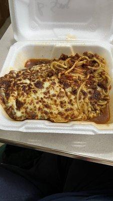 Baked spaghetti with cheese . I opted out of the toast that normally comes with it. Enough for two people.