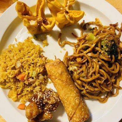 Pork fried rice, crab Rangoon, chicken lo mein (broccoli added), egg roll, sesame chicken