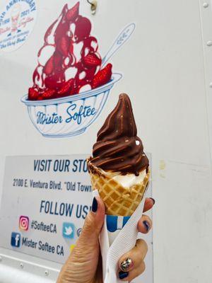 Mister Softee truck for private invitational event. Delicious chocolate dipped vanilla waffle cone !