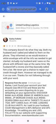 They report unsatisfied customer to www.karenbuster.com real reputable company!