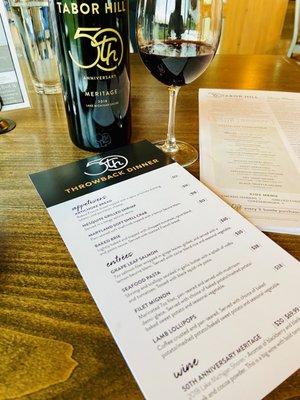 50th anniversary menu and wine. Congrats Tabor Hill!!!