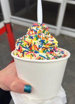 Cake batter and chocolate ice cream with rainbow sprinkles delicious!