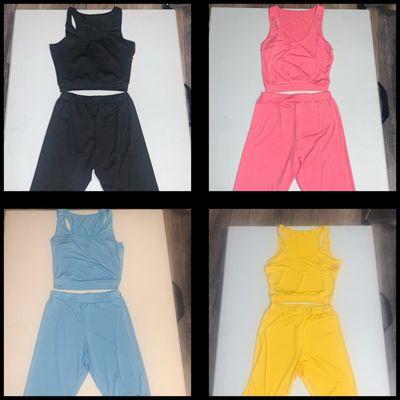 2 PCs sets and romper shorts available: Small Medium Large XL Colors for 2 PCs: black, pink, blue, yellow. 1pcs: Black, White, green, peac