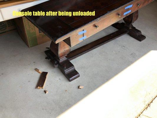 Console table with two decorative legs was used to stack heavy things on top.