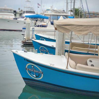 A few of our 12 passenger Duffy boats docked and ready for you and your crew to come and captain around Newport Harbor!