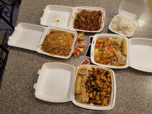 Kung pow chicken combo meal with fried rice and an egg roll. Pork lo mein, sweet and sour chicken combo, Mongolian beef served with rice