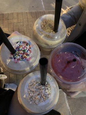 Birthday Cake Shake, Almond Delight, and PB Waffle and Pixie Stick Tea