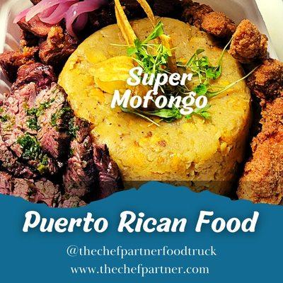 Super Mofongo is a shareable dish  that consists of a huge mofongo, mamposteao' rice, fried pork, hand breaded chicken, and grilled steak.