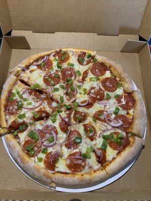 Large thick crust pizza with pepperoni, onion, and bell pepper