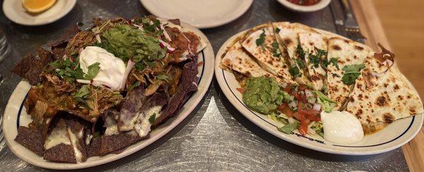 Grande Nachos w/carnitas and Steak Ranchero Quesadilla...... Excellent!!!