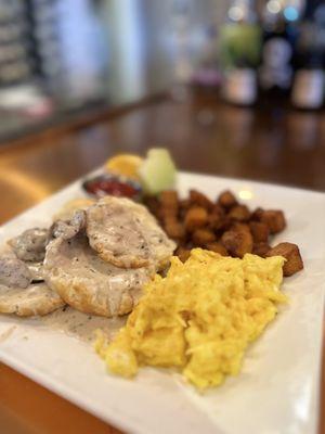 Brunch! Biscuits & gravy, scrambled eggs w crispy hash browns & fresh fruit