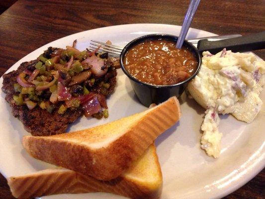 Hamburger Steak, baked beans and potato salad