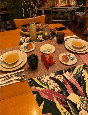 The table is set and here we are having Goddess and the Grocer's delicious butternut squash apple soup.