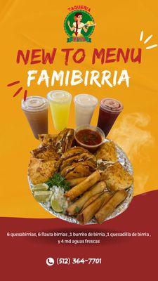 Family birria pack 4 quesabirrias 6 flauta birria , birria torta birria burrito, 16oz consomé 4 aguas frescas