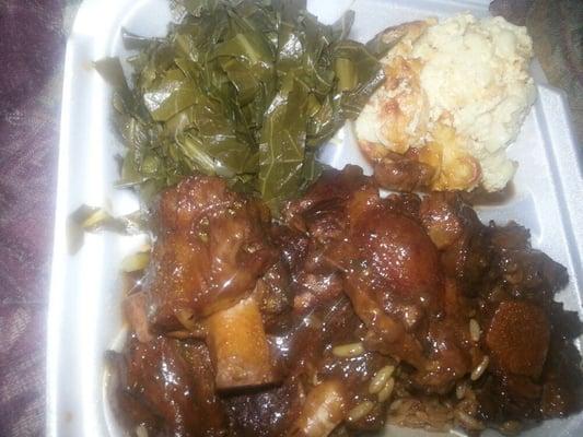 The usual.........oxtails, collard greens, peas and rice and mac & cheese.