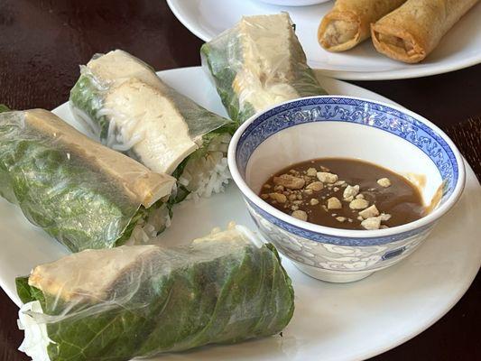 Fresh rolls with tofu, peanut sauce, and egg rolls