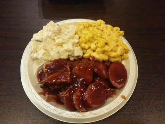 BBQ Beef Brisket and Links with Mac-n-Cheese and Potato Salad for sides!