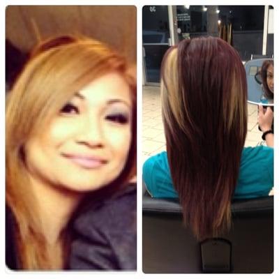 Went from blonde back to dark. (Ash blonde--a shade of red w/ peek-a-boos) ask for shirley