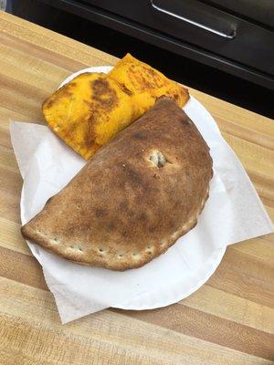 Cheese calzone and two beef patties