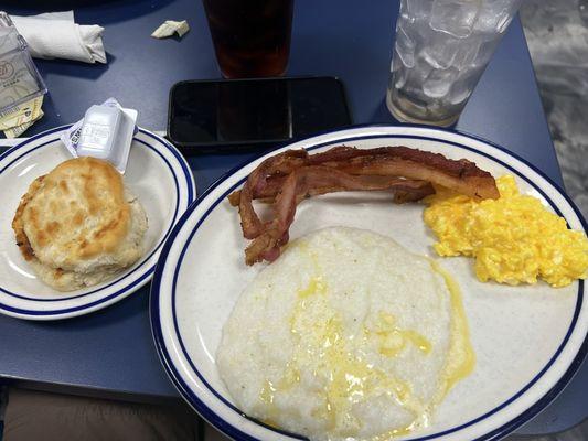 Country Breakfast - bacon, scrambled with cheese eggs, biscuit, grits