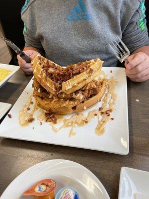 Chicken and waffles (they crumble bacon on top!) Yum!