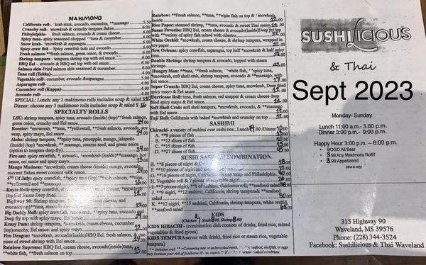 Sept 2023 Sushi Menu