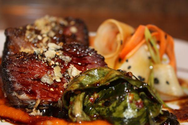 asian bison ribeye, pickled vegetables, ginger carrot puree, ramp kimchi