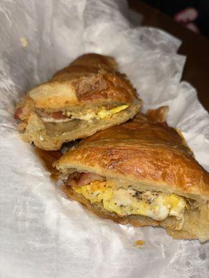 Bacon egg and cheese on croissant