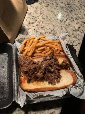 This is a to go order of a cheesesteak...