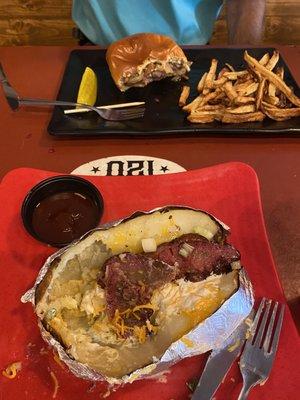 Spud with brisket and burger and fries.